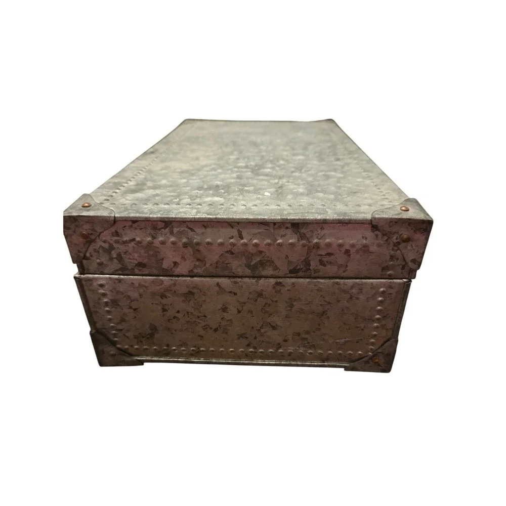 Galvanized Metal Storage Trunk  Silver Industrial Rustic Box Leather Handle